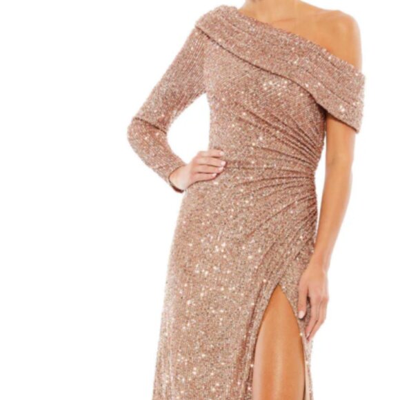 MAC DUGGAL 26571 SEQUINED DROP SHOULDER FAUX WRAP COPPER GOWN sz 6 - Picture 3 of 7